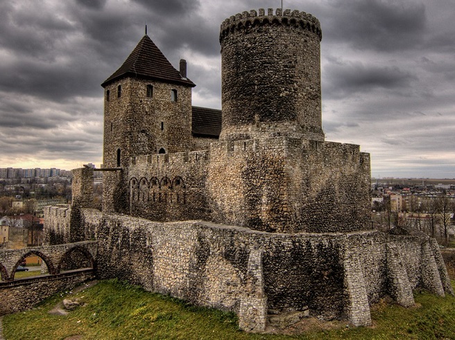 a medieval castle on a cloudy day